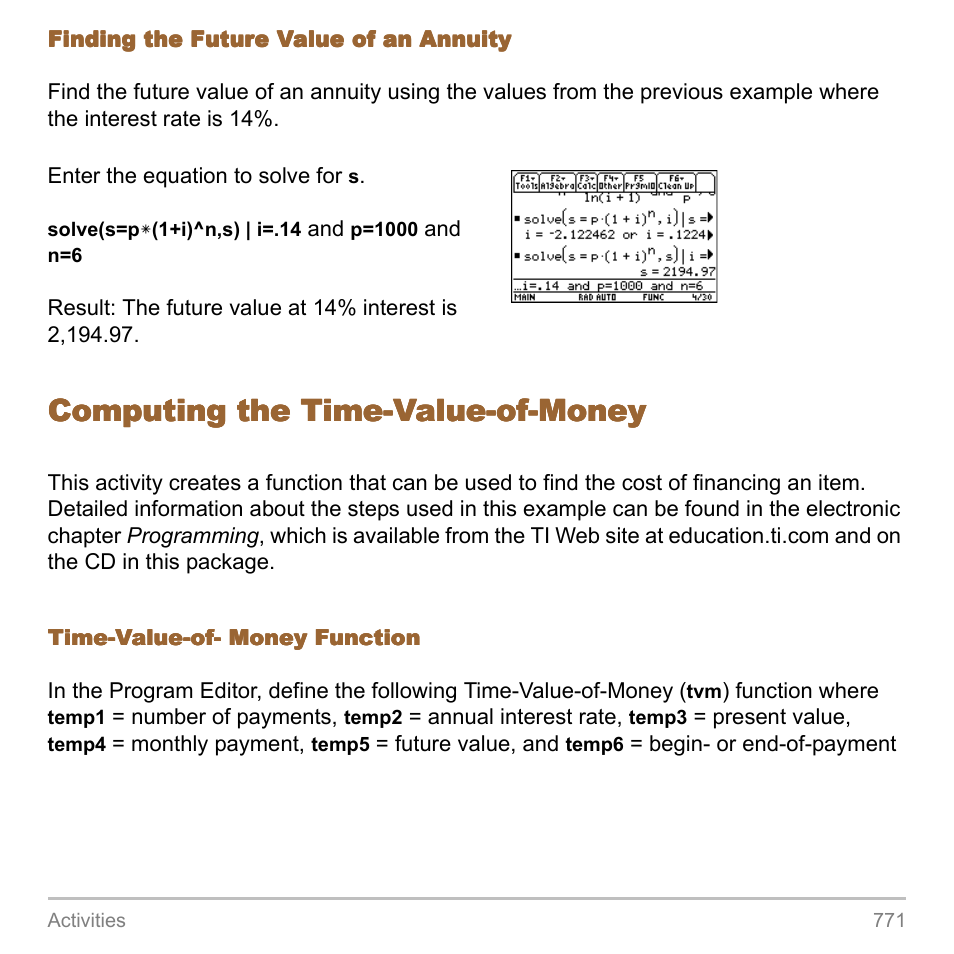 Computing the time-value-of-money | Texas Instruments TITANIUM TI-89 User Manual | Page 771 / 1008