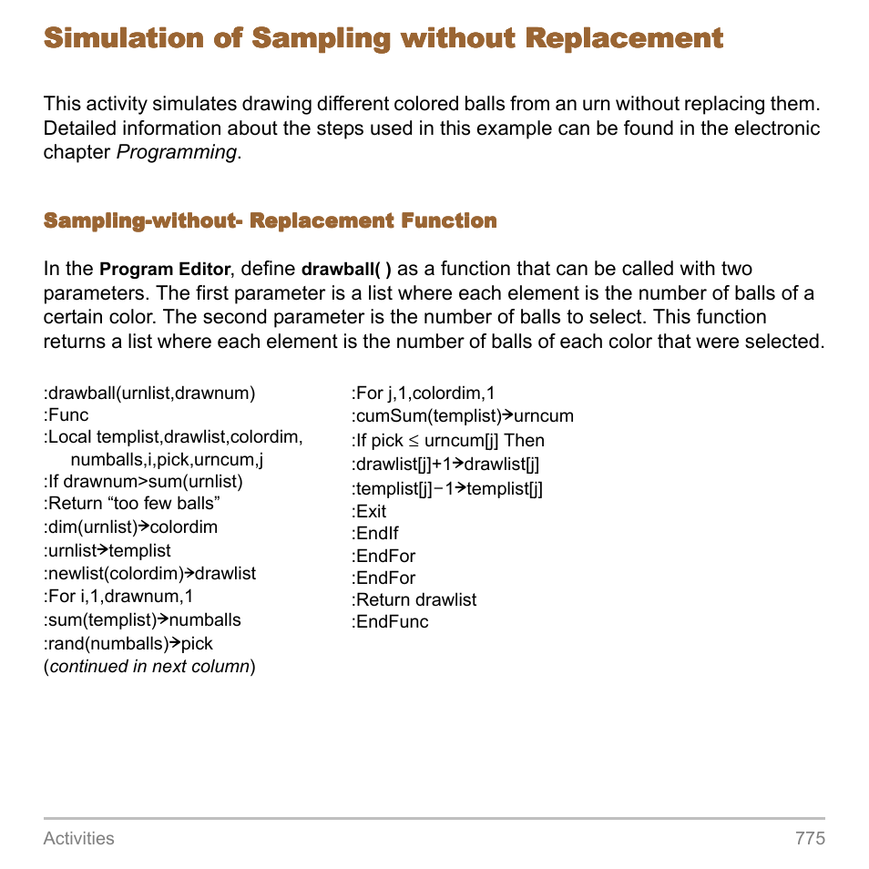 Simulation of sampling without replacement | Texas Instruments TITANIUM TI-89 User Manual | Page 775 / 1008