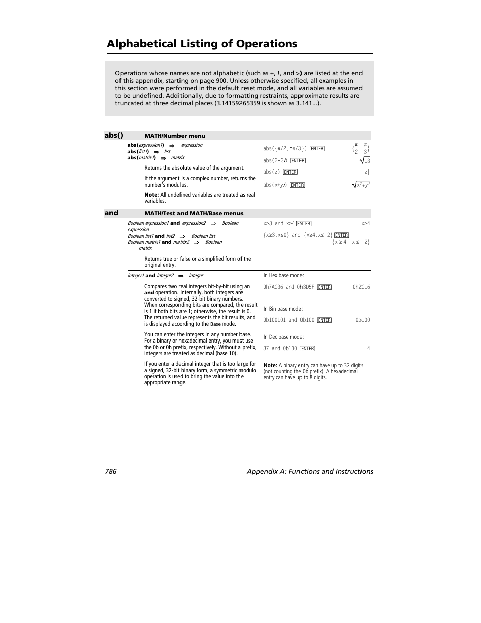 Alphabetical listing of operations, Abs(), 786 appendix a: functions and instructions | Texas Instruments TITANIUM TI-89 User Manual | Page 786 / 1008