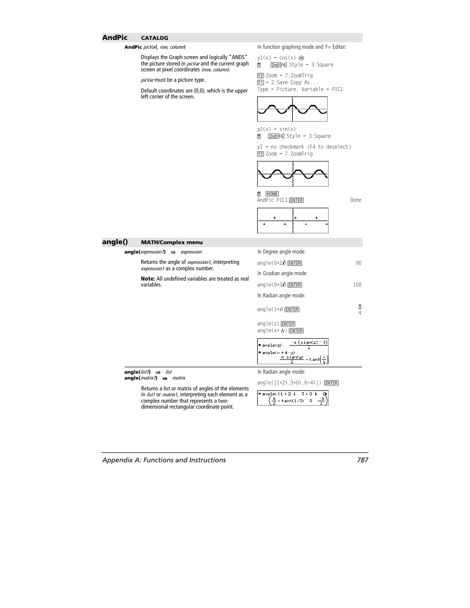 Andpic, Angle(), Appendix a: functions and instructions 787 | Texas Instruments TITANIUM TI-89 User Manual | Page 787 / 1008