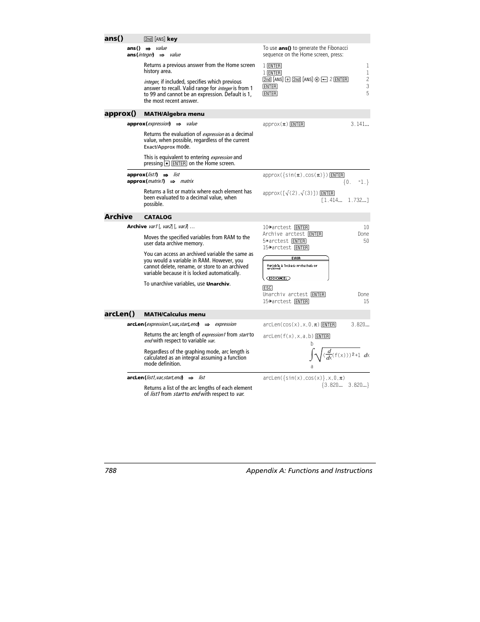 Ans(), Approx(), Archive | Arclen(), 788 appendix a: functions and instructions | Texas Instruments TITANIUM TI-89 User Manual | Page 788 / 1008
