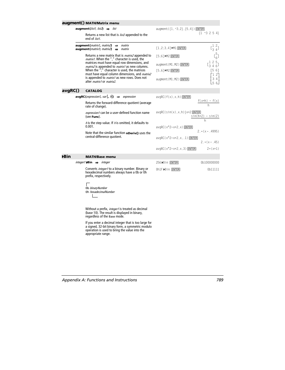 Augment(), Avgrc(), 4444 bin | Appendix a: functions and instructions 789 | Texas Instruments TITANIUM TI-89 User Manual | Page 789 / 1008