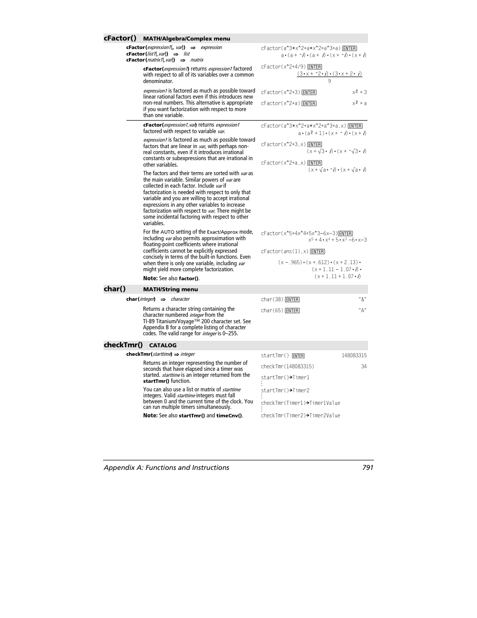 Cfactor(), Char(), Checktmr() | Appendix a: functions and instructions 791 | Texas Instruments TITANIUM TI-89 User Manual | Page 791 / 1008