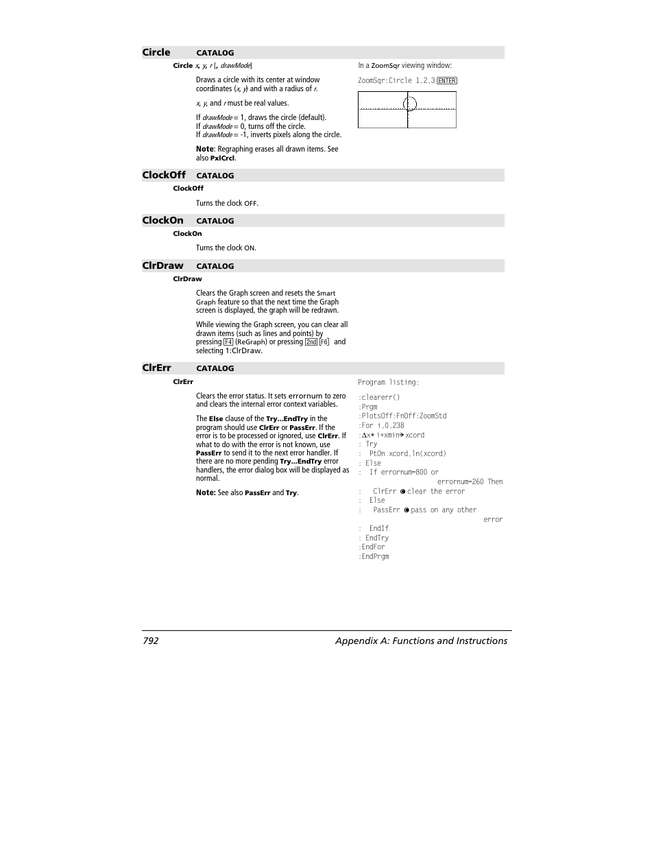 Circle, Clockoff, Clockon | Clrdraw, Clrerr, 792 appendix a: functions and instructions | Texas Instruments TITANIUM TI-89 User Manual | Page 792 / 1008