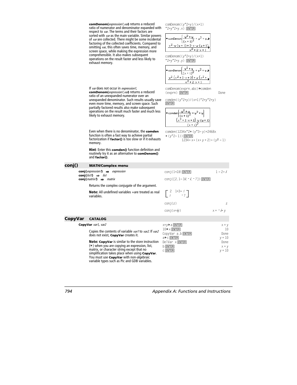 Conj(), Copyvar, 794 appendix a: functions and instructions | Texas Instruments TITANIUM TI-89 User Manual | Page 794 / 1008