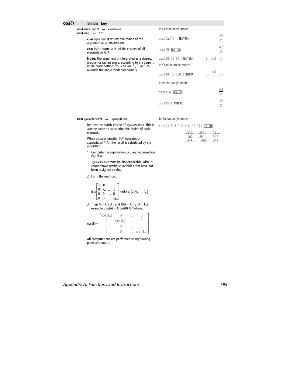 Cos() | Texas Instruments TITANIUM TI-89 User Manual | Page 795 / 1008