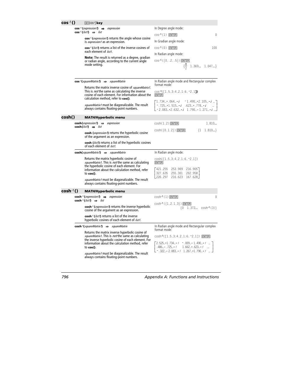 Cos ê (), Cosh(), Cosh ê () | 796 appendix a: functions and instructions | Texas Instruments TITANIUM TI-89 User Manual | Page 796 / 1008