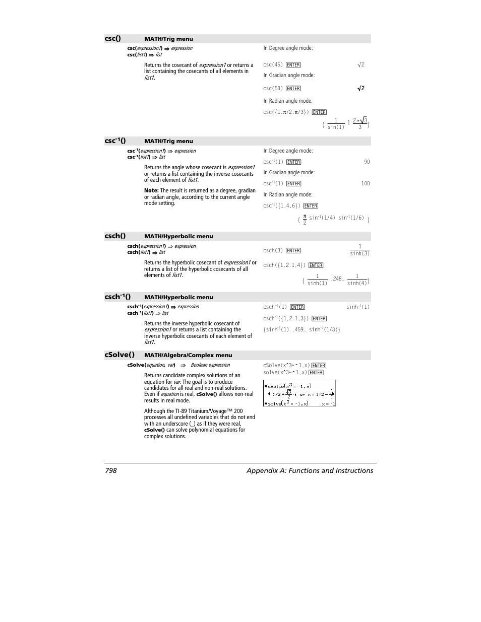 Csc(), Csch(), Csch | Csolve(), 798 appendix a: functions and instructions | Texas Instruments TITANIUM TI-89 User Manual | Page 798 / 1008