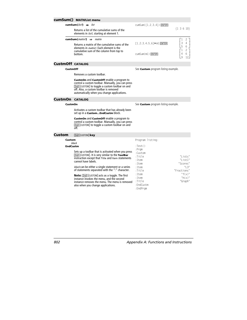 Cumsum(), Custmoff, Custmon | Custom | Texas Instruments TITANIUM TI-89 User Manual | Page 802 / 1008