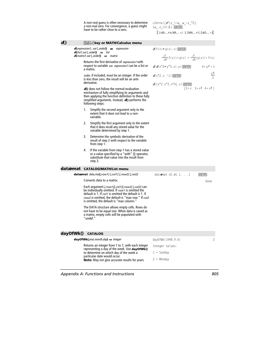 Data 4444 mat, Dayofwk(), Appendix a: functions and instructions 805 | Texas Instruments TITANIUM TI-89 User Manual | Page 805 / 1008