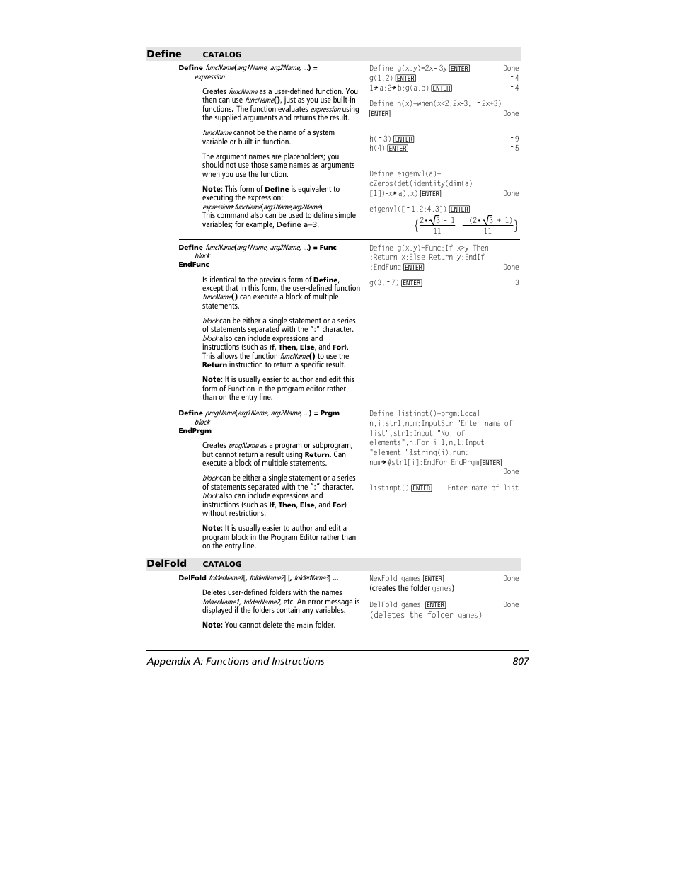 Define, Delfold, Appendix a: functions and instructions 807 | Texas Instruments TITANIUM TI-89 User Manual | Page 807 / 1008