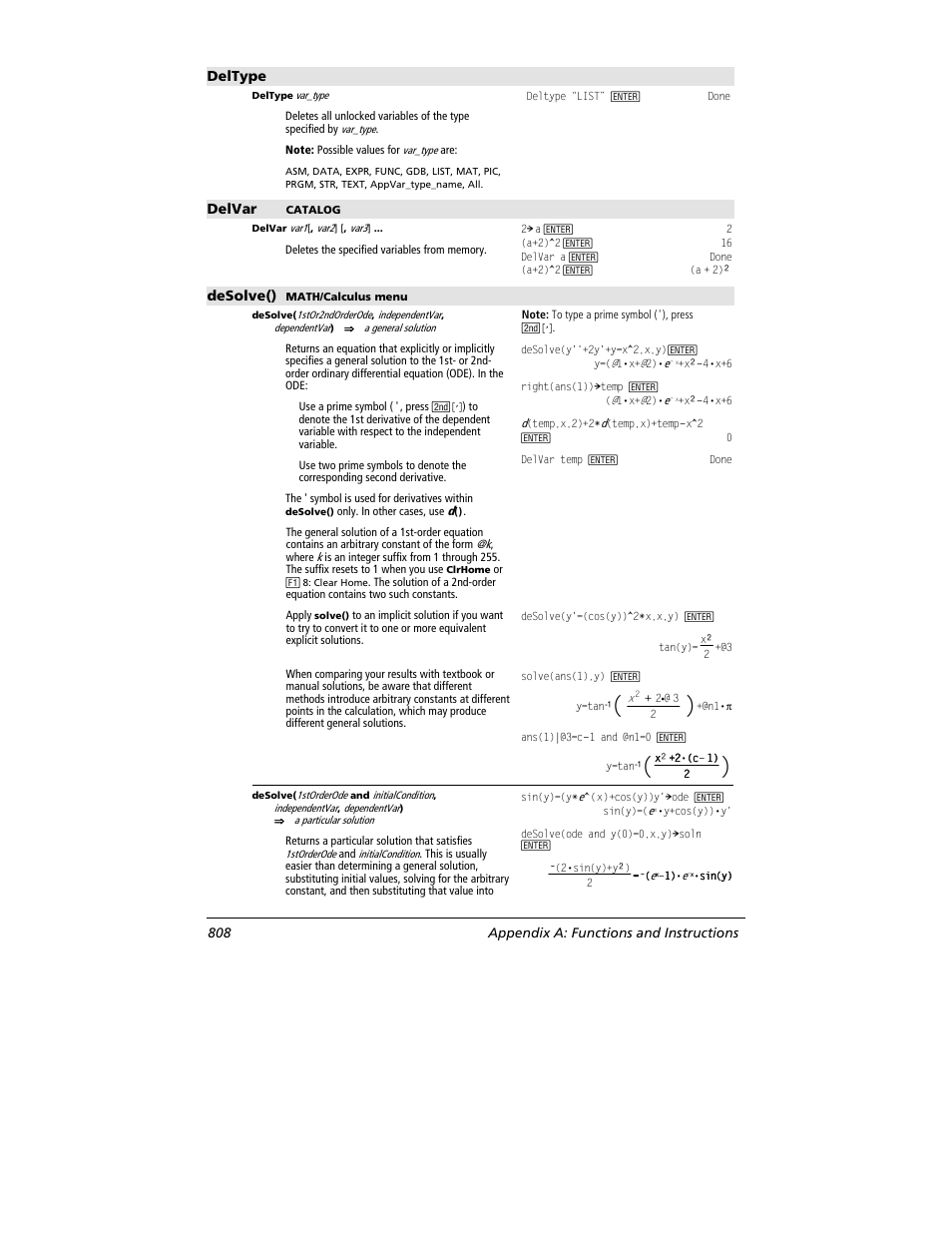 Deltype, Delvar, Desolve() | 808 appendix a: functions and instructions | Texas Instruments TITANIUM TI-89 User Manual | Page 808 / 1008