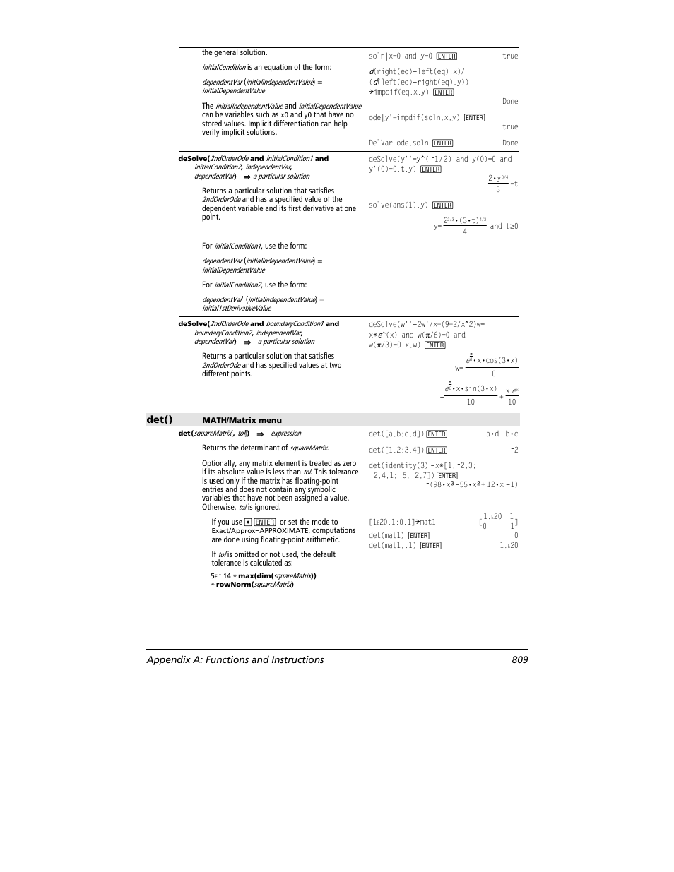 Det(), Appendix a: functions and instructions 809 | Texas Instruments TITANIUM TI-89 User Manual | Page 809 / 1008