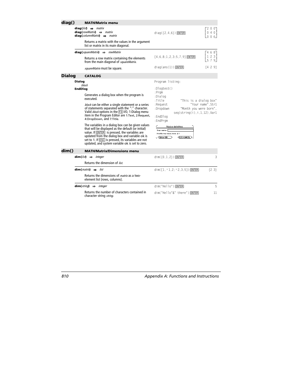 Diag(), Dialog, Dim() | 810 appendix a: functions and instructions | Texas Instruments TITANIUM TI-89 User Manual | Page 810 / 1008