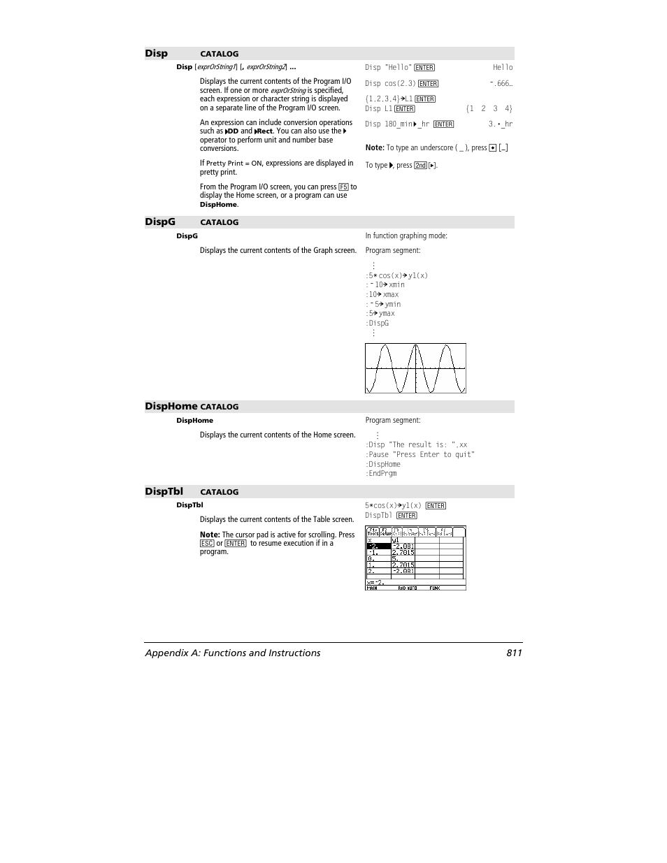 Disp, Dispg, Disphome | Disptbl, Appendix a: functions and instructions 811 | Texas Instruments TITANIUM TI-89 User Manual | Page 811 / 1008