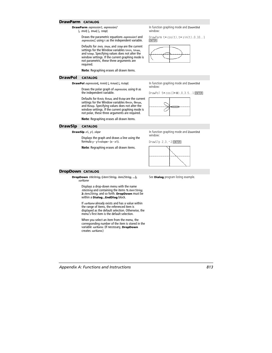 Drawparm, Drawpol, Drawslp | Dropdown, Appendix a: functions and instructions 813 | Texas Instruments TITANIUM TI-89 User Manual | Page 813 / 1008