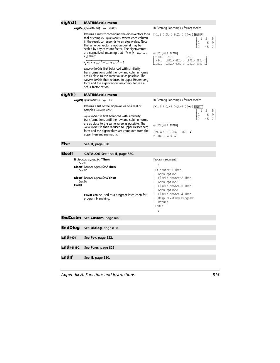 Eigvc(), Eigvl(), Else | Elseif, Endcustm, Enddlog, Endfor, Endfunc, Endif | Texas Instruments TITANIUM TI-89 User Manual | Page 815 / 1008