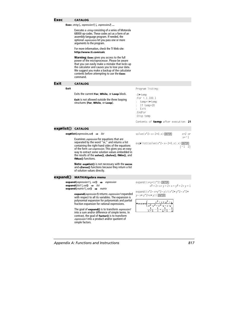 Exec, Exit, Exp 4444 list() | Expand(), Appendix a: functions and instructions 817 | Texas Instruments TITANIUM TI-89 User Manual | Page 817 / 1008