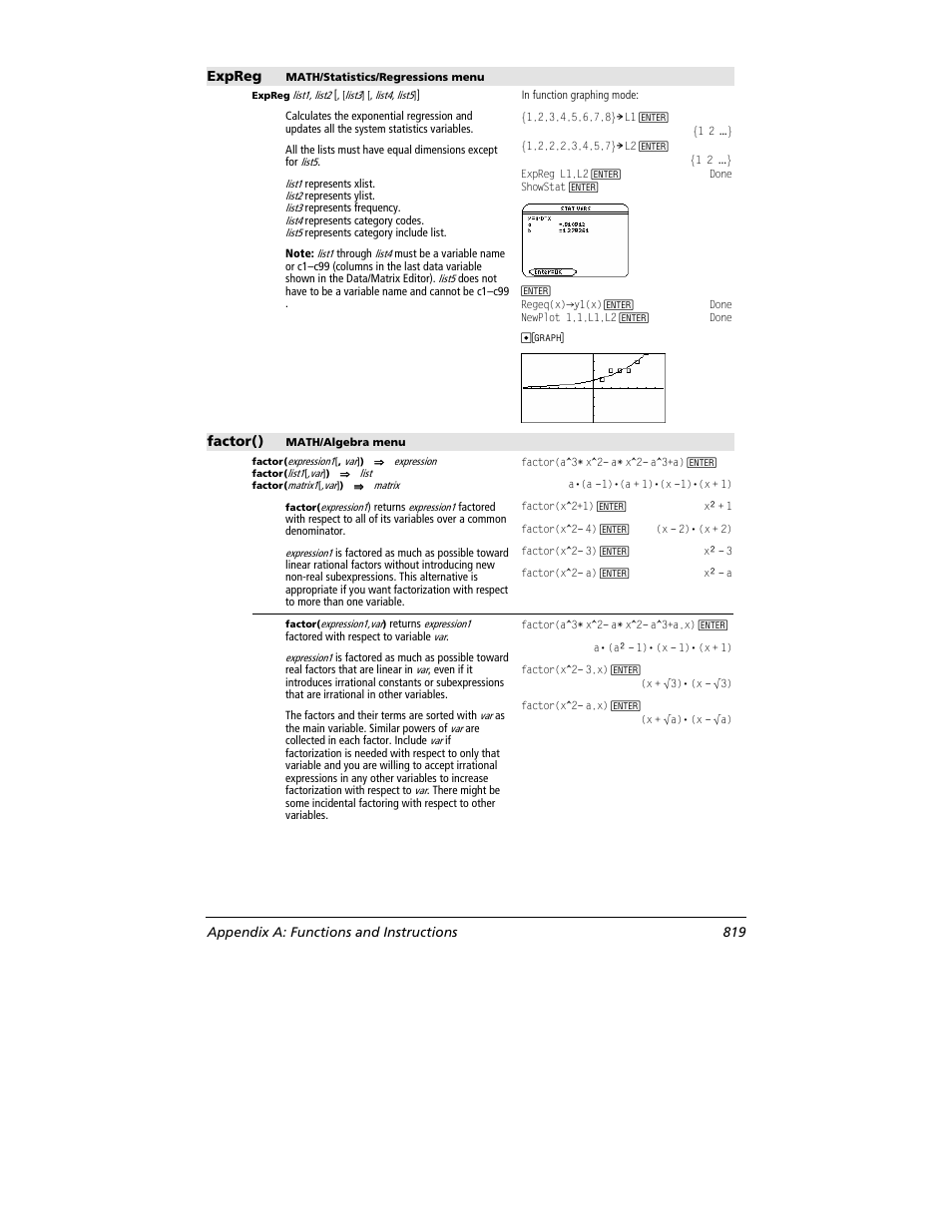 Expreg, Factor(), Appendix a: functions and instructions 819 | Texas Instruments TITANIUM TI-89 User Manual | Page 819 / 1008