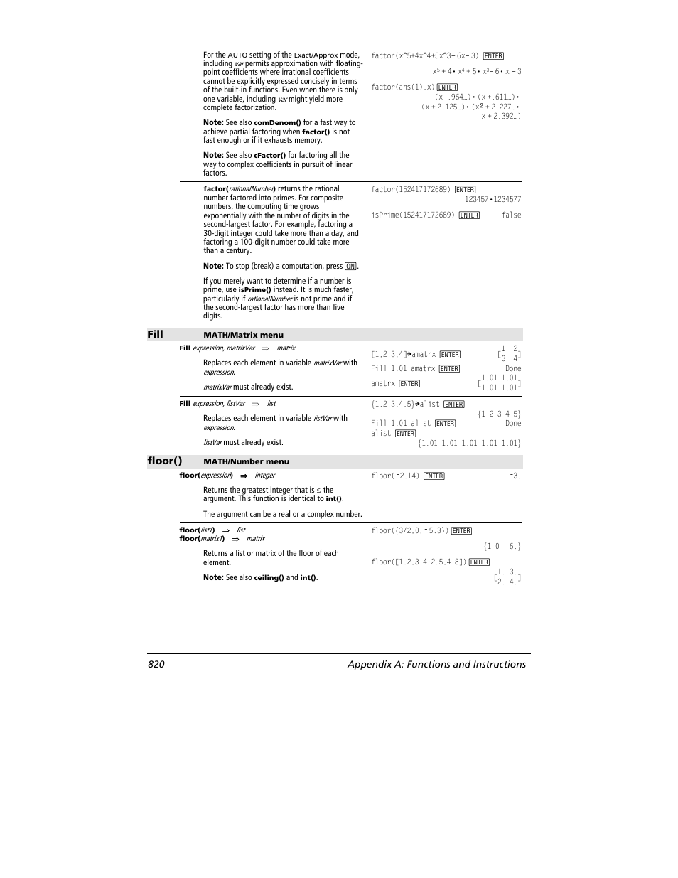 Fill, Floor(), 820 appendix a: functions and instructions | Texas Instruments TITANIUM TI-89 User Manual | Page 820 / 1008