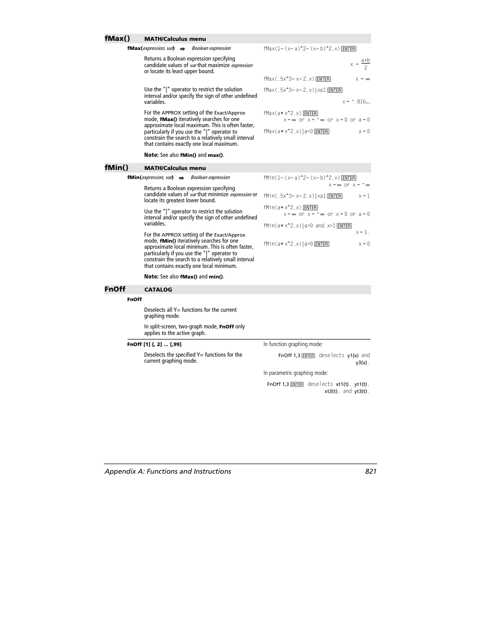 Fmax(), Fmin(), Fnoff | Appendix a: functions and instructions 821 | Texas Instruments TITANIUM TI-89 User Manual | Page 821 / 1008