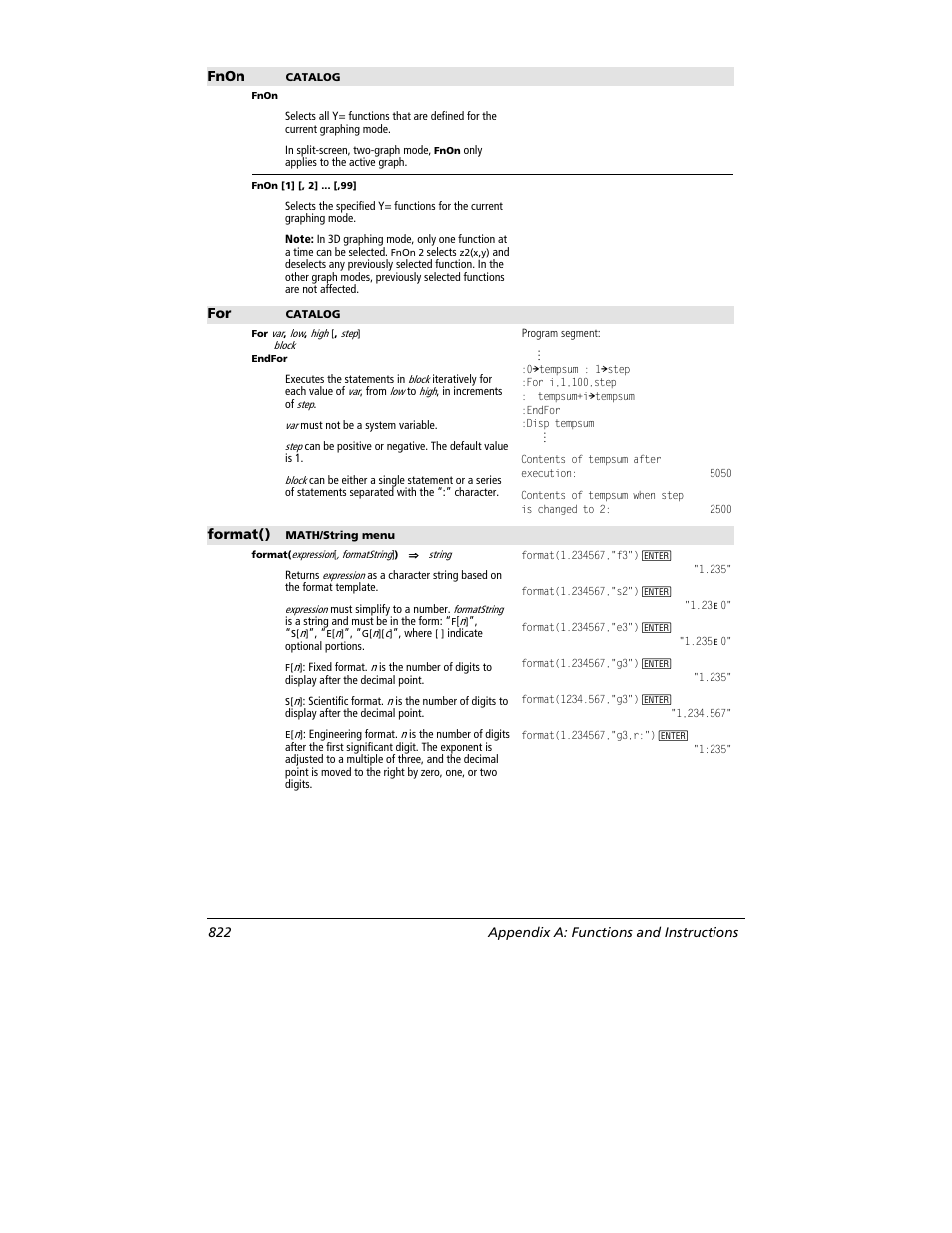 Fnon, Format(), 822 appendix a: functions and instructions | Texas Instruments TITANIUM TI-89 User Manual | Page 822 / 1008