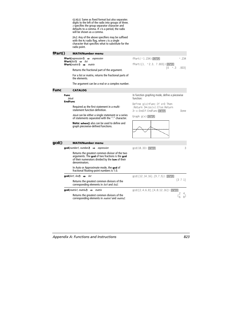Fpart(), Func, Gcd() | Appendix a: functions and instructions 823 | Texas Instruments TITANIUM TI-89 User Manual | Page 823 / 1008