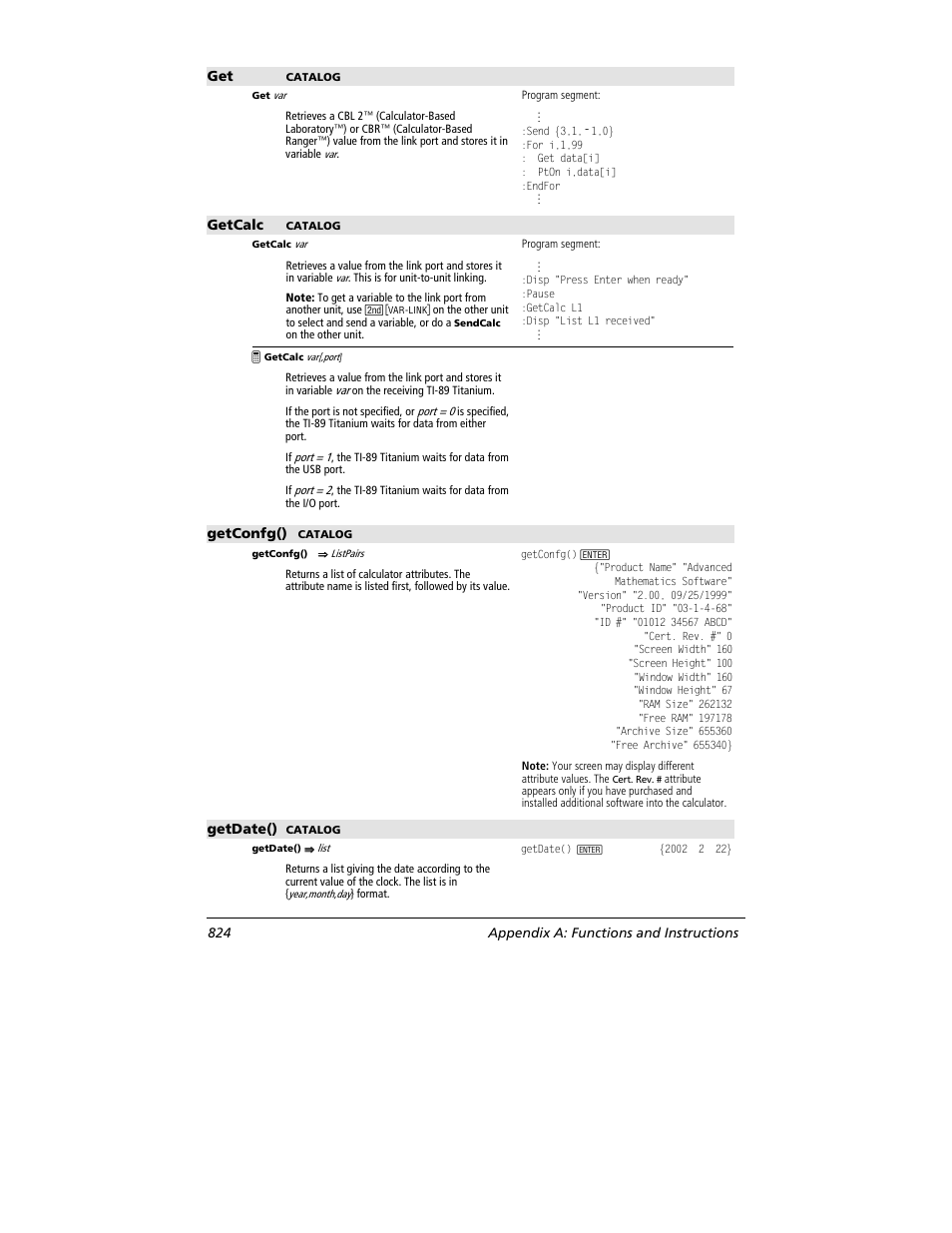 Getcalc, Getconfg(), Getdate() | 824 appendix a: functions and instructions | Texas Instruments TITANIUM TI-89 User Manual | Page 824 / 1008