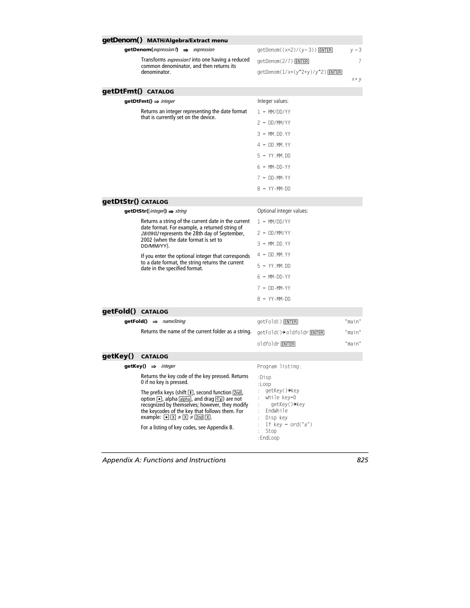 Getdenom(), Getdtfmt(), Getdtstr() | Getfold(), Getkey(), Appendix a: functions and instructions 825 | Texas Instruments TITANIUM TI-89 User Manual | Page 825 / 1008