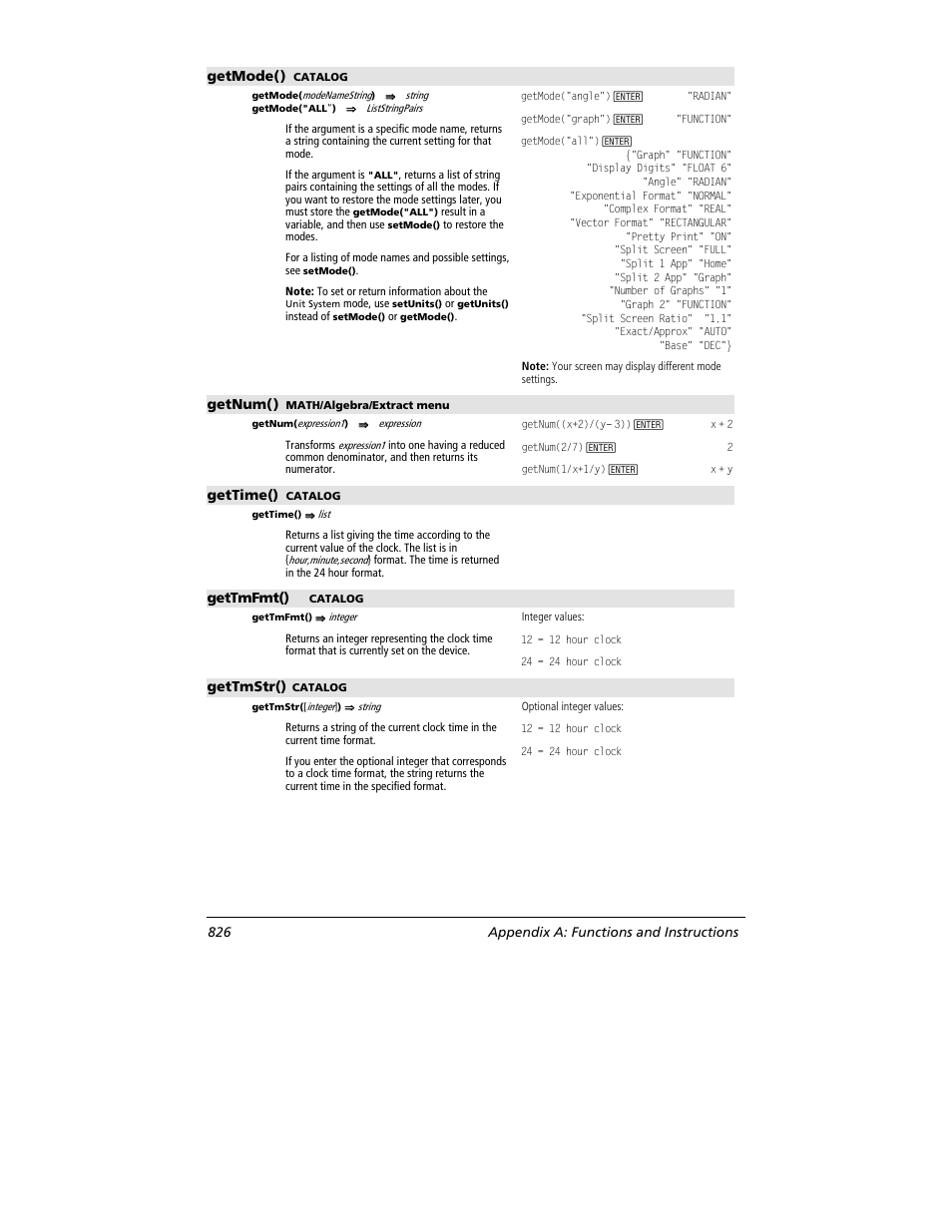 Getmode(), Getnum(), Gettime() | Gettmfmt(), Gettmstr(), 826 appendix a: functions and instructions | Texas Instruments TITANIUM TI-89 User Manual | Page 826 / 1008