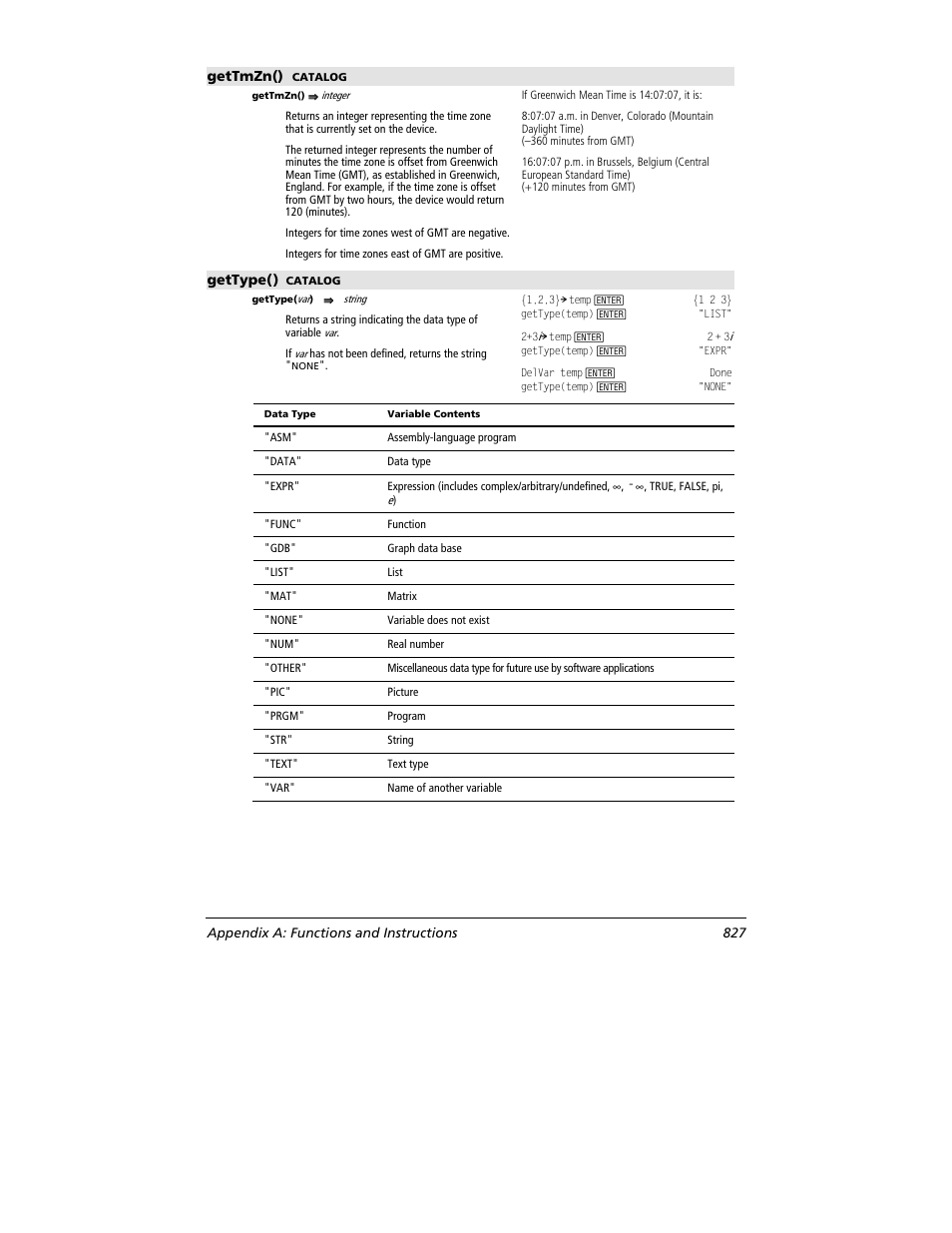 Gettmzn(), Gettype(), Appendix a: functions and instructions 827 | Texas Instruments TITANIUM TI-89 User Manual | Page 827 / 1008