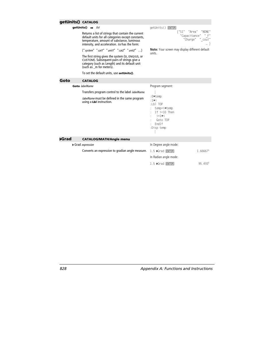 Getunits(), Goto, 4444 grad | 828 appendix a: functions and instructions | Texas Instruments TITANIUM TI-89 User Manual | Page 828 / 1008
