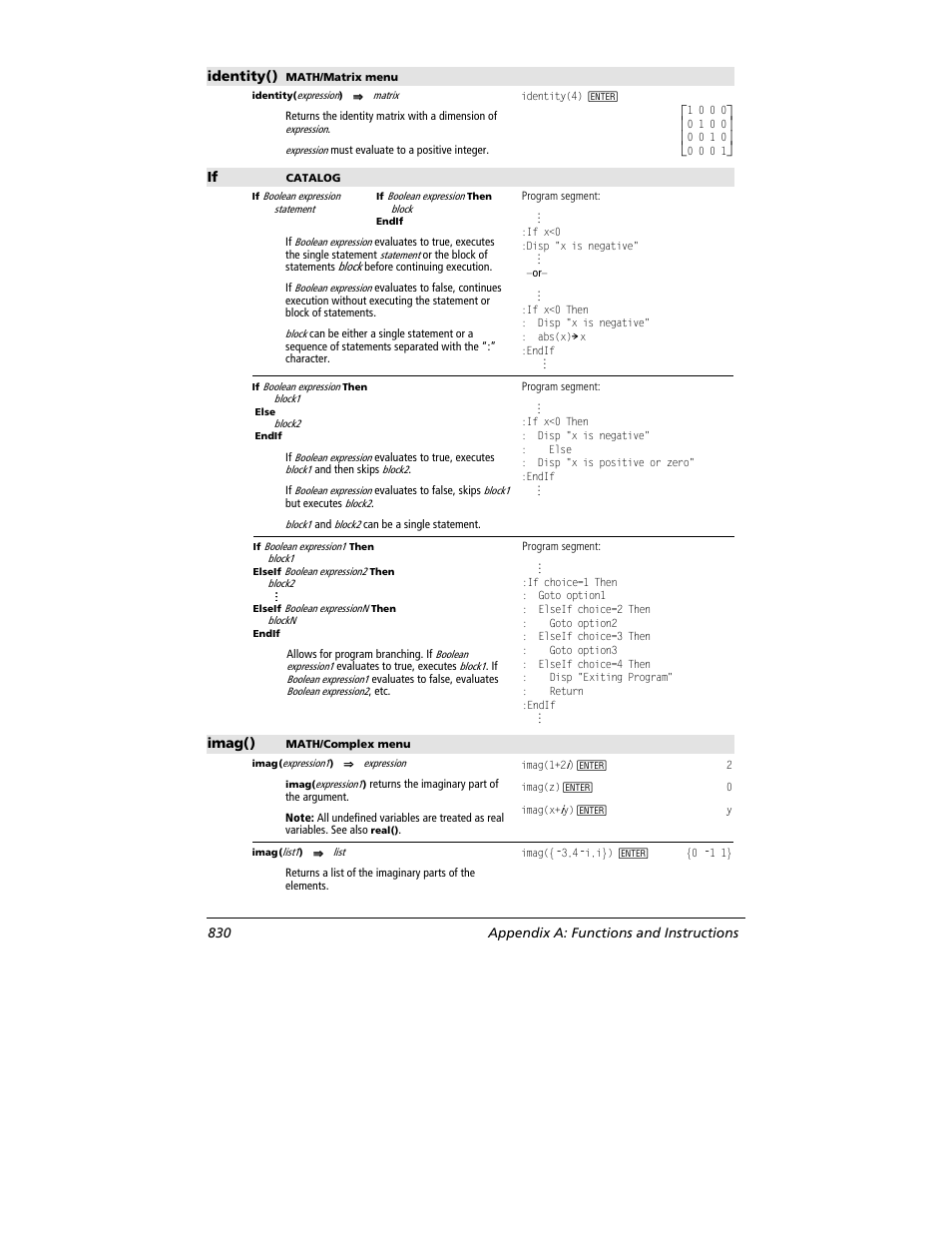 Identity(), Imag(), 830 appendix a: functions and instructions | Texas Instruments TITANIUM TI-89 User Manual | Page 830 / 1008