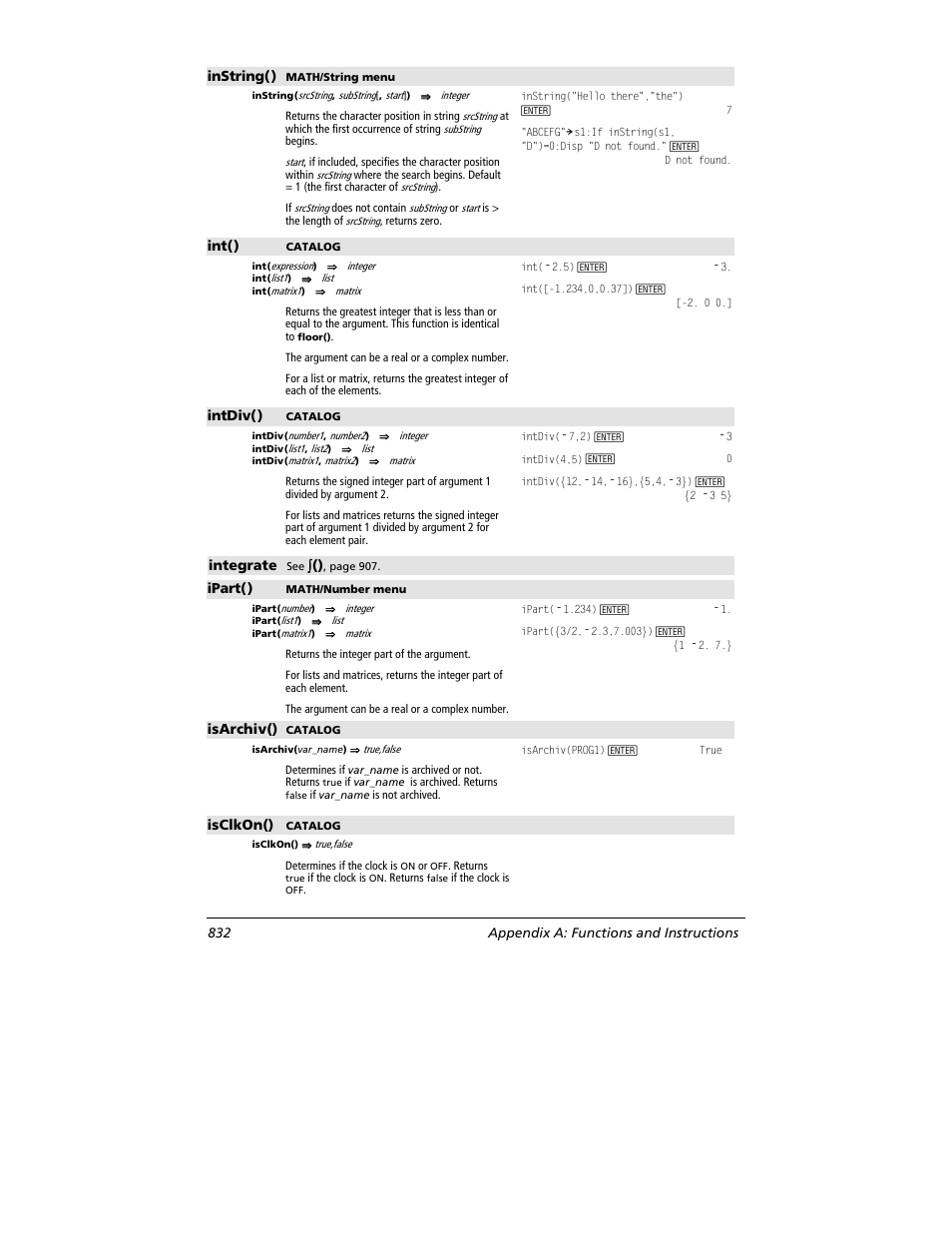 Instring(), Int(), Intdiv() | Integrate, Ipart(), Isarchiv(), Isclkon(), 832 appendix a: functions and instructions | Texas Instruments TITANIUM TI-89 User Manual | Page 832 / 1008