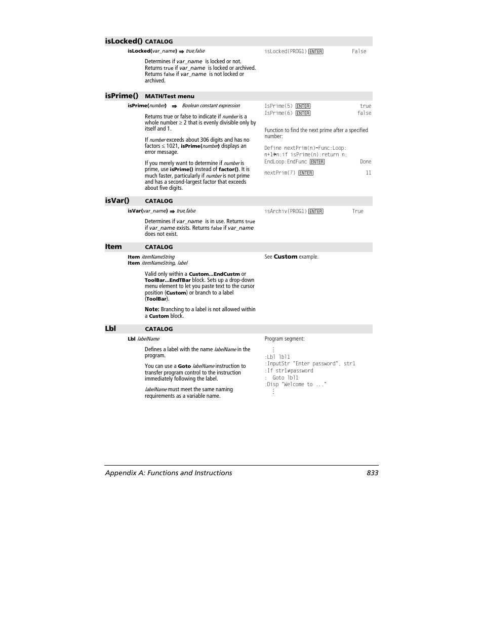 Islocked(), Isprime(), Isvar() | Item, Appendix a: functions and instructions 833 | Texas Instruments TITANIUM TI-89 User Manual | Page 833 / 1008