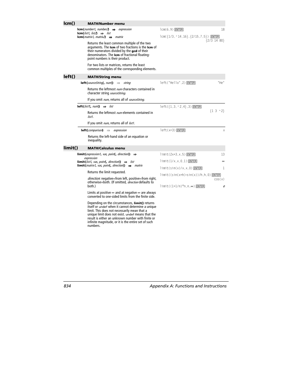 Lcm(), Left(), Limit() | 834 appendix a: functions and instructions | Texas Instruments TITANIUM TI-89 User Manual | Page 834 / 1008