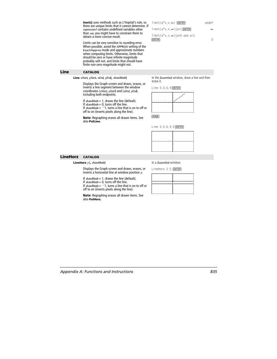 Line, Linehorz, Appendix a: functions and instructions 835 | Texas Instruments TITANIUM TI-89 User Manual | Page 835 / 1008