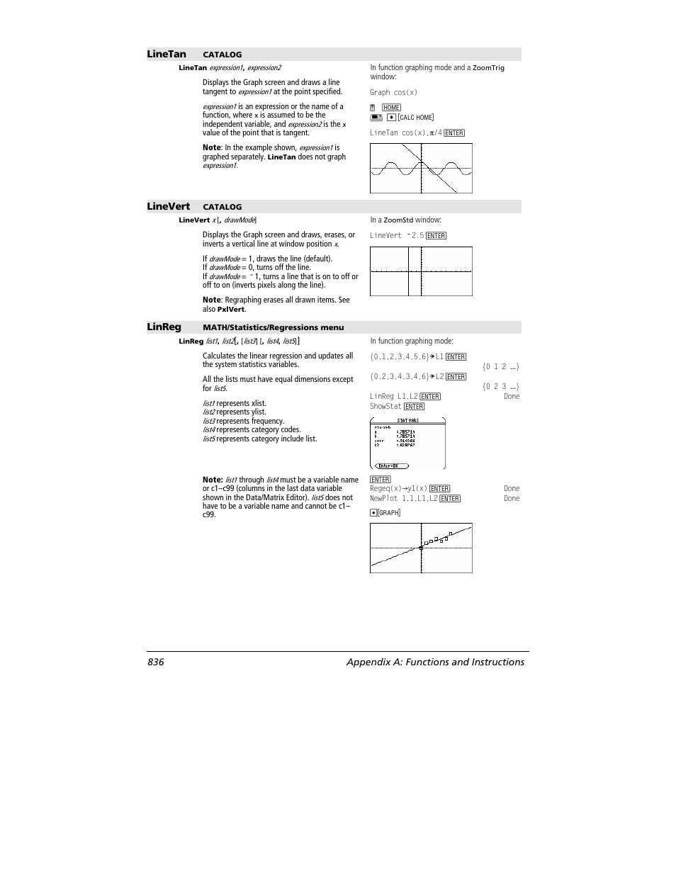 Linetan, Linevert, Linreg | 836 appendix a: functions and instructions | Texas Instruments TITANIUM TI-89 User Manual | Page 836 / 1008