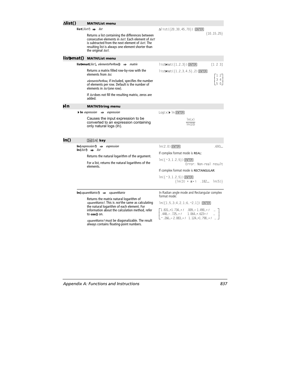 List(), List 4444 mat(), 4444 ln | Ln() | Texas Instruments TITANIUM TI-89 User Manual | Page 837 / 1008