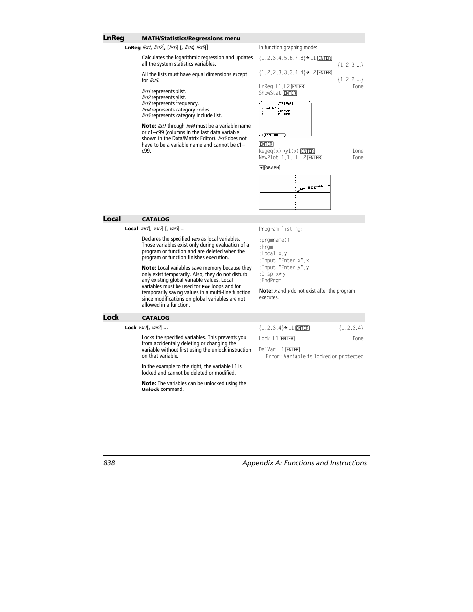 Lnreg, Local, Lock | 838 appendix a: functions and instructions | Texas Instruments TITANIUM TI-89 User Manual | Page 838 / 1008