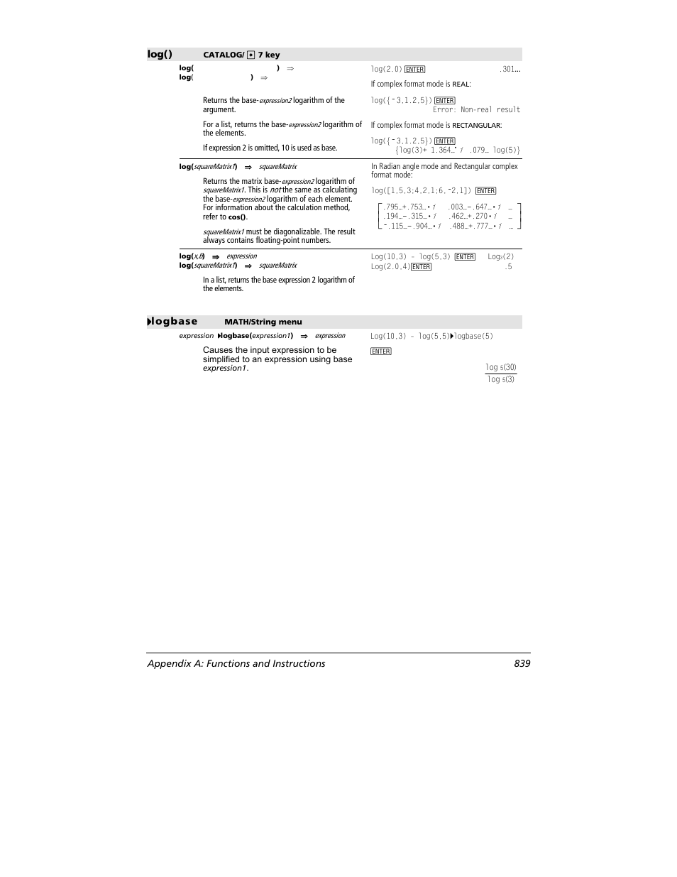 Log(), 4444 logbase, Appendix a: functions and instructions 839 | Texas Instruments TITANIUM TI-89 User Manual | Page 839 / 1008