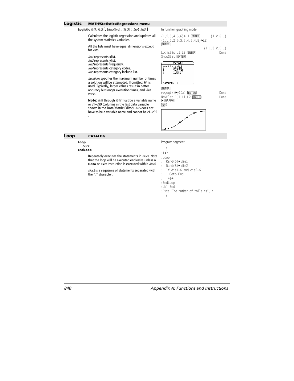 Logistic, Loop, 840 appendix a: functions and instructions | Texas Instruments TITANIUM TI-89 User Manual | Page 840 / 1008