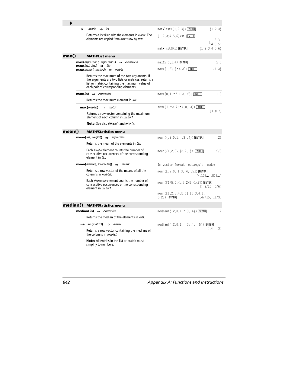 Mat 4444 list(), Max(), Mean() | Median(), 842 appendix a: functions and instructions | Texas Instruments TITANIUM TI-89 User Manual | Page 842 / 1008