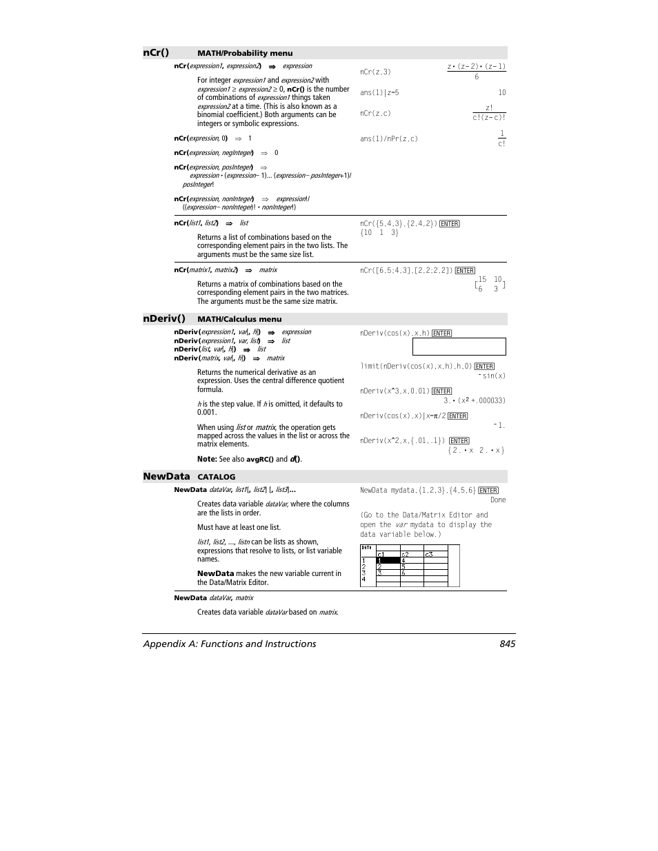 Ncr(), Nderiv(), Newdata | Appendix a: functions and instructions 845 | Texas Instruments TITANIUM TI-89 User Manual | Page 845 / 1008