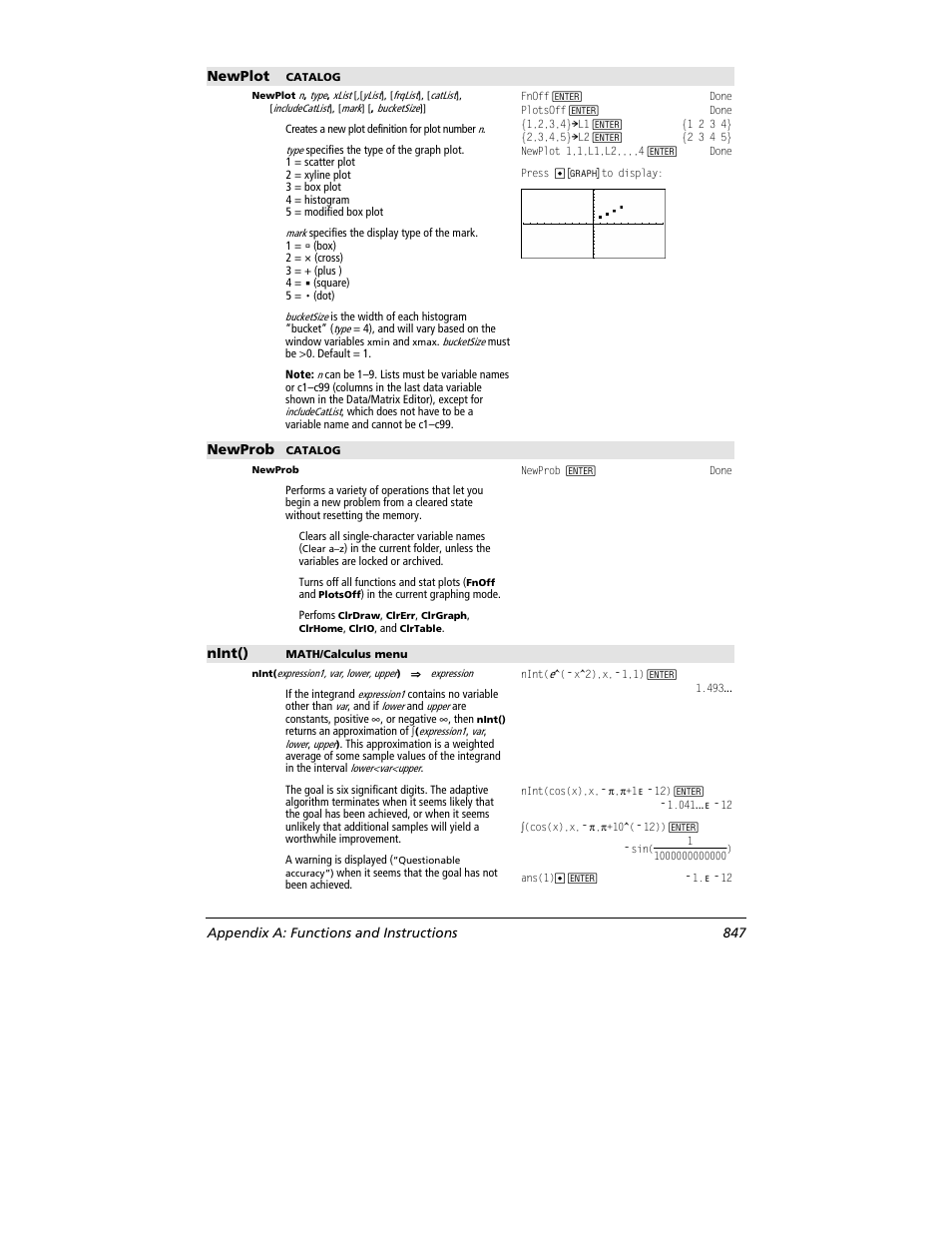 Newplot, Newprob, Nint() | Appendix a: functions and instructions 847 | Texas Instruments TITANIUM TI-89 User Manual | Page 847 / 1008