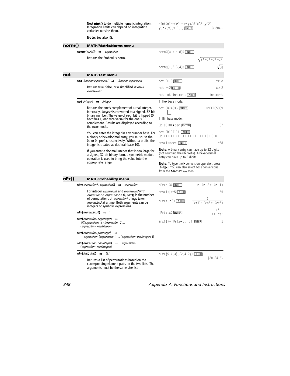 Norm(), Npr(), 848 appendix a: functions and instructions | Texas Instruments TITANIUM TI-89 User Manual | Page 848 / 1008