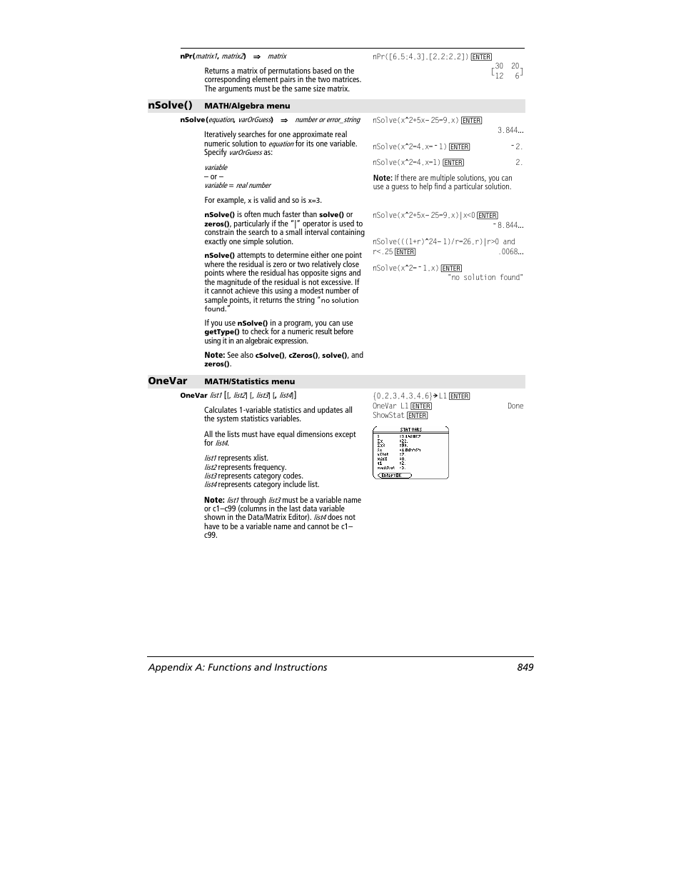 Nsolve(), Onevar, Appendix a: functions and instructions 849 | Texas Instruments TITANIUM TI-89 User Manual | Page 849 / 1008