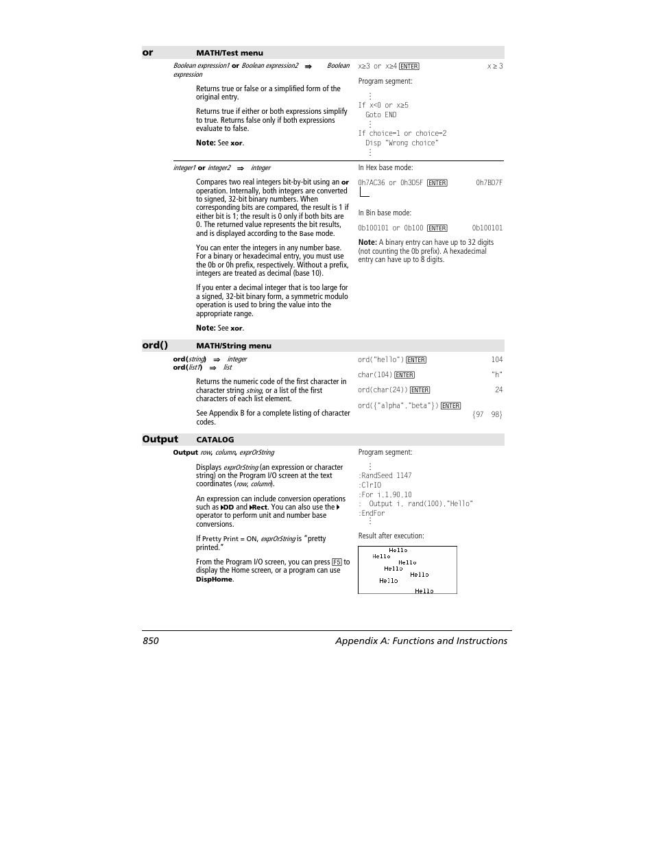 Ord(), Output, 850 appendix a: functions and instructions | Texas Instruments TITANIUM TI-89 User Manual | Page 850 / 1008