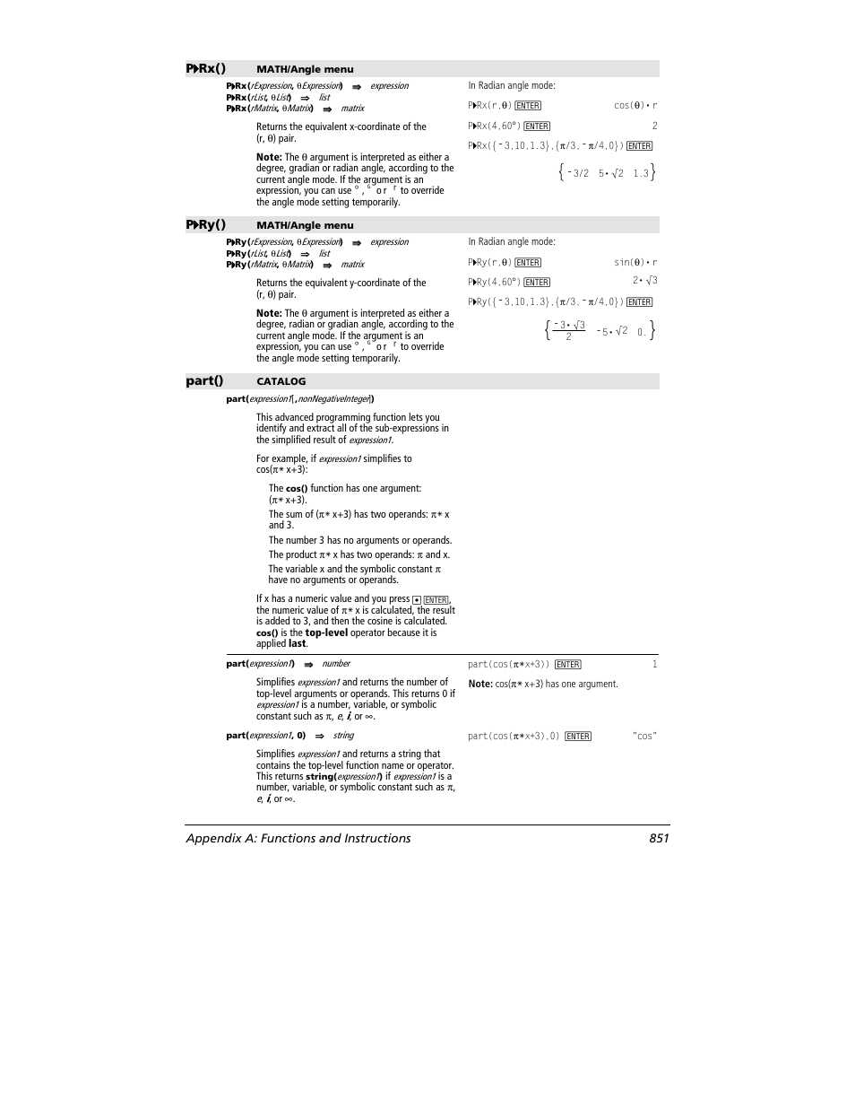 P4444 rx(), P4444 ry(), Part() | Appendix a: functions and instructions 851 | Texas Instruments TITANIUM TI-89 User Manual | Page 851 / 1008