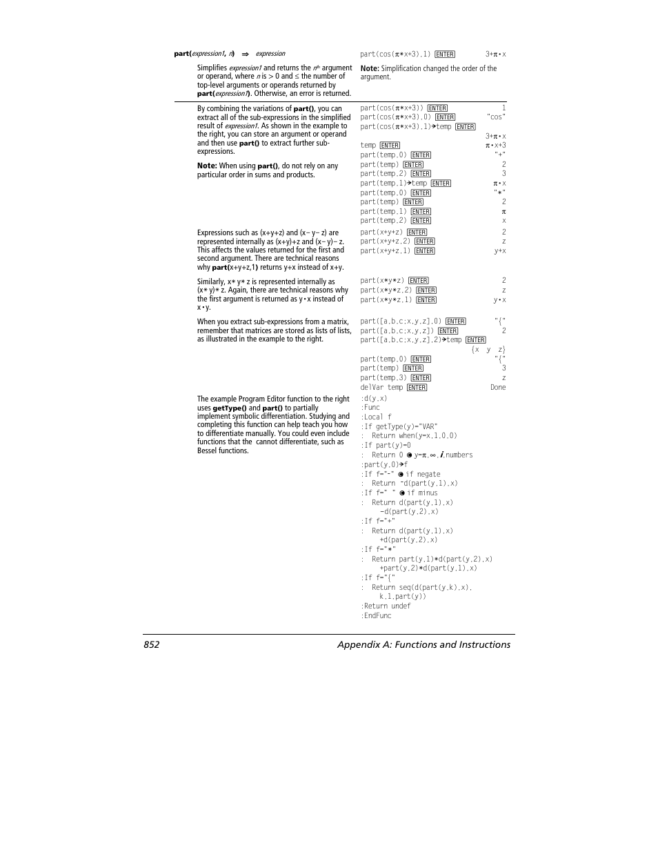 852 appendix a: functions and instructions | Texas Instruments TITANIUM TI-89 User Manual | Page 852 / 1008